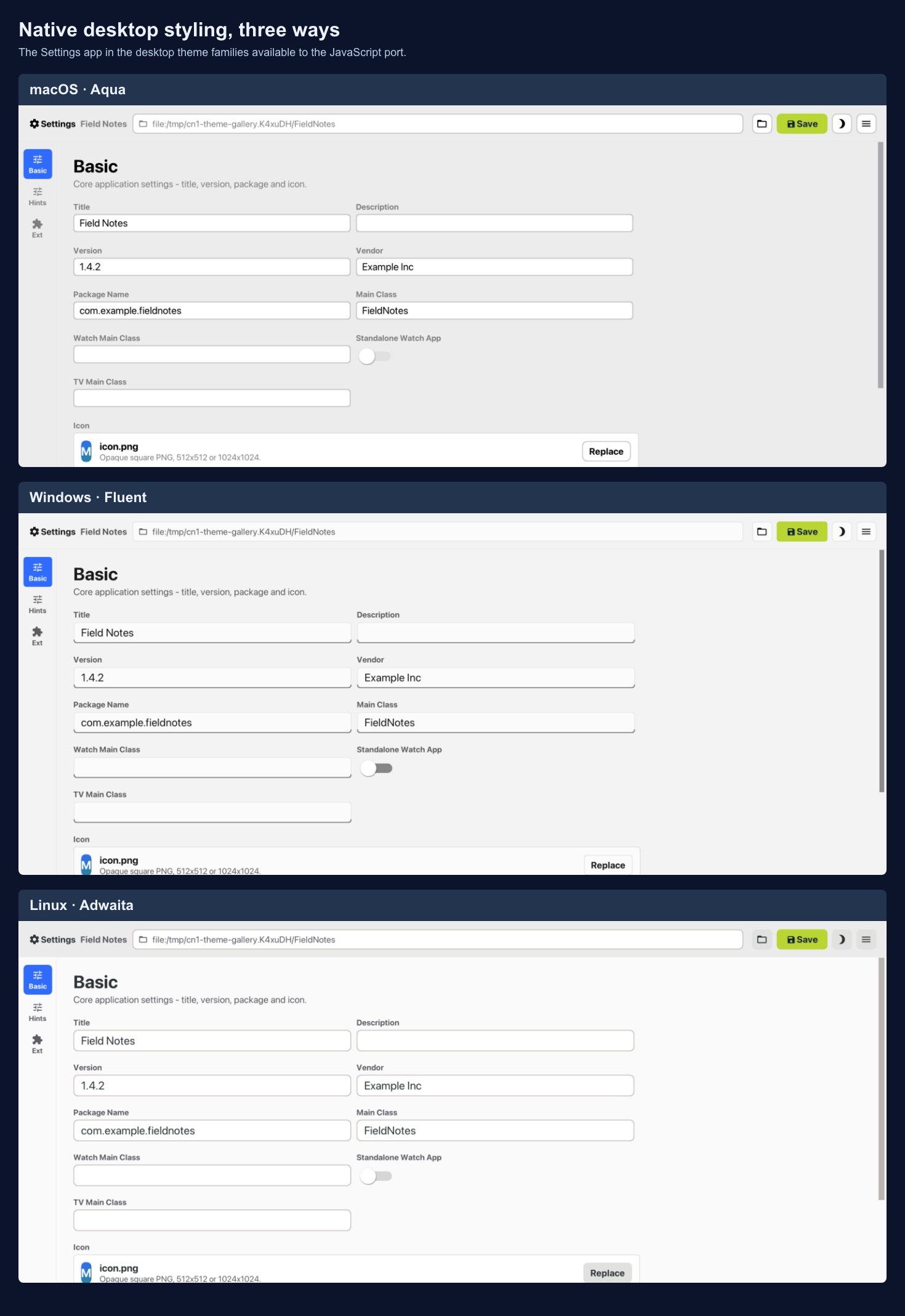 The same Settings form in the macOS Aqua, Windows Fluent and Linux Adwaita theme families