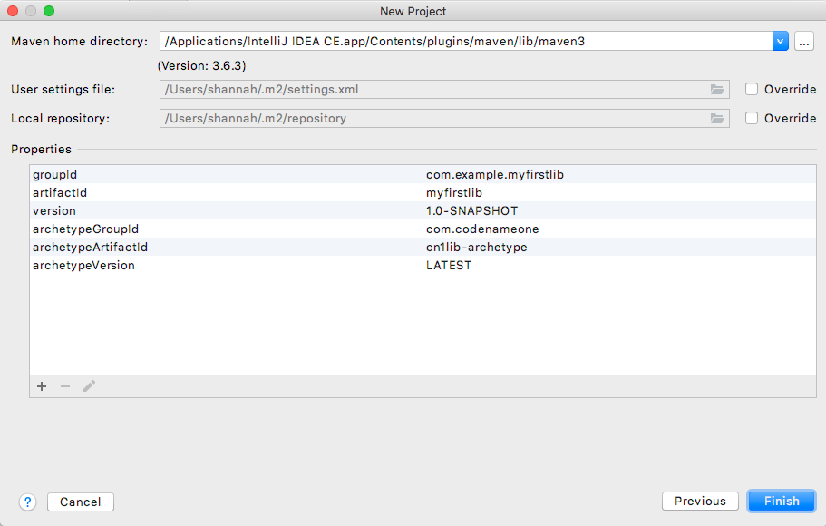 intellij new cn1lib project details summary